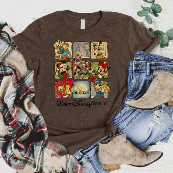 Blue Retro Walt Disney World Christmas Shirt with Disney characters in festive holiday scenes, perfect for Disney family gatherings