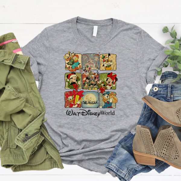 Blue Retro Walt Disney World Christmas Shirt with Disney characters in festive holiday scenes, perfect for Disney family gatherings