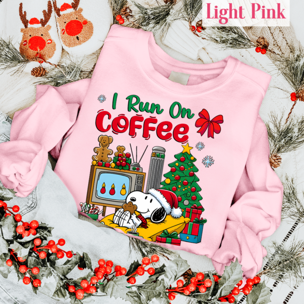 Snoopy I Run on Coffee and Christmas Cheer shirt, festive holiday tee for Peanuts fans and coffee lovers.