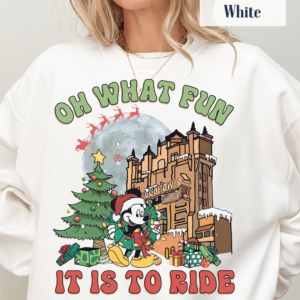 Person wearing Mickey's 'Oh What Fun It Is To Ride' Christmas shirt during a 2024 Xmas party at Disneyworld Hollywood Studios