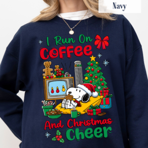 Snoopy I Run on Coffee and Christmas Cheer shirt, festive holiday tee for Peanuts fans and coffee lovers