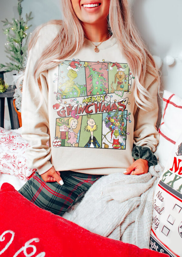 Charming vintage Grinch Christmas sweatshirt, perfect for festive gatherings and cozy winter wear.