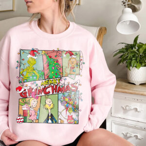 Detailed vintage Grinch illustration on a Christmas sweatshirt, ideal for movie lovers and holiday fans