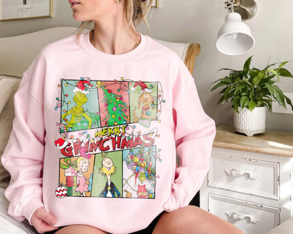 Detailed vintage Grinch illustration on a Christmas sweatshirt, ideal for movie lovers and holiday fans