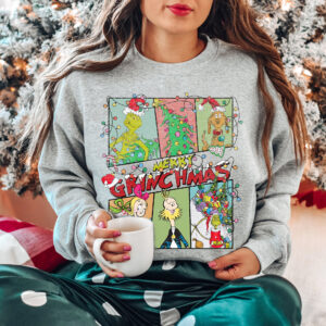 Detailed vintage Grinch illustration on a Christmas sweatshirt, ideal for movie lovers and holiday fans