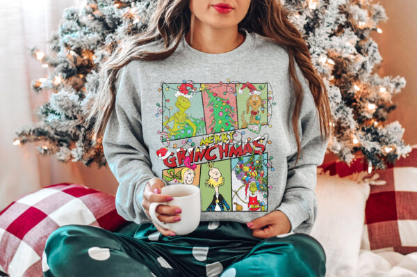 Detailed vintage Grinch illustration on a Christmas sweatshirt, ideal for movie lovers and holiday fans