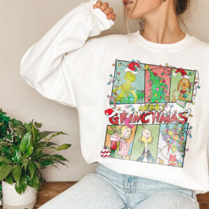 Detailed vintage Grinch illustration on a Christmas sweatshirt, ideal for movie lovers and holiday fans