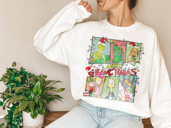 Detailed vintage Grinch illustration on a Christmas sweatshirt, ideal for movie lovers and holiday fans