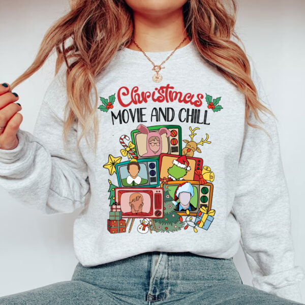 Cozy vintage Christmas movie and chill shirt, perfect for holiday movie lovers and festive gatherings