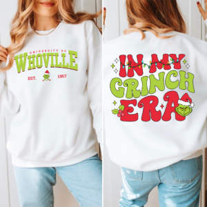 Playful retro Whoville University sweatshirt inspired by the Grinch, perfect for festive holiday wear.