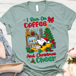 Snoopy I Run on Coffee and Christmas Cheer shirt, festive holiday tee for Peanuts fans and coffee lovers