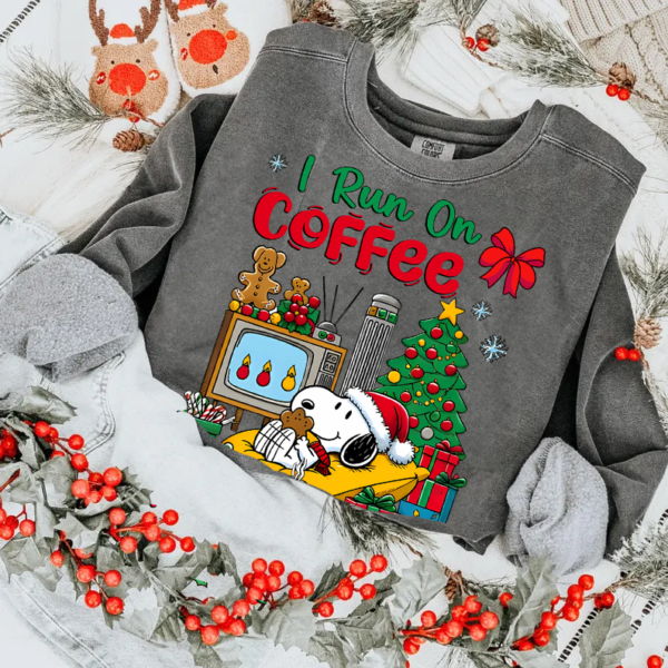 Snoopy I Run on Coffee and Christmas Cheer shirt, festive holiday tee for Peanuts fans and coffee lovers