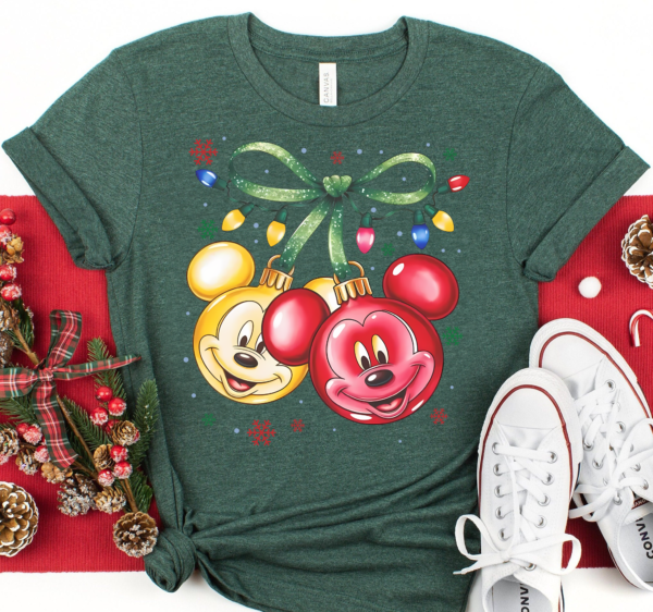 "Coquette Bow Disney Christmas Shirt featuring Mickey Mouse in Christmas lights