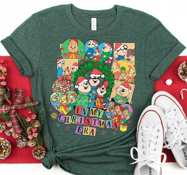 Folded Chipmunks and Friends Christmas Shirt with holiday decor