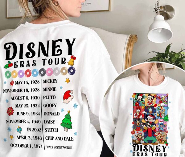 Close-up of Disney-themed Christmas design on Vintage Christmas Era Tour Sweatshirt