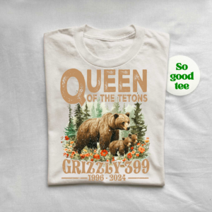 Queen of the Tetons Grizzly 399 Shirt with bear and cubs in wilderness, 1996-2024 tribute