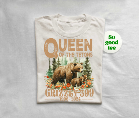 Queen of the Tetons Grizzly 399 Shirt with bear and cubs in wilderness, 1996-2024 tribute