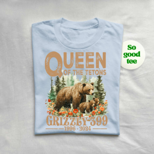 Queen of the Tetons Grizzly 399 shirt with floral and forest elements