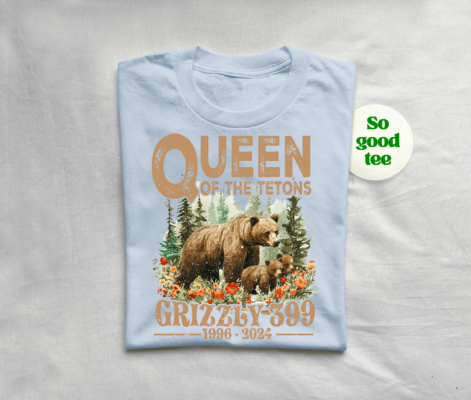 Queen of the Tetons Grizzly 399 shirt with floral and forest elements