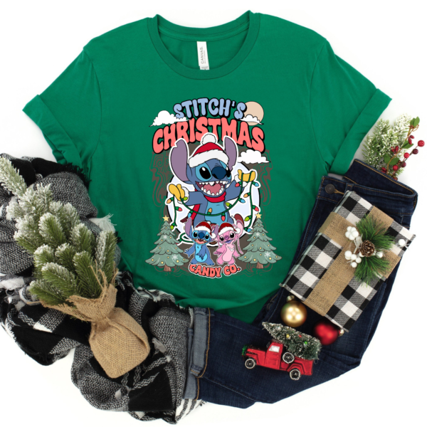 Cute Stitch Christmas shirt with Disney character Stitch, Angel, and Christmas trees