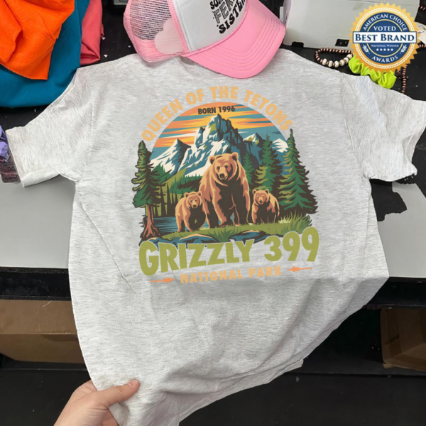 Queen of the Tetons Grizzly 399 Shirt with bear graphic and National Park tribute