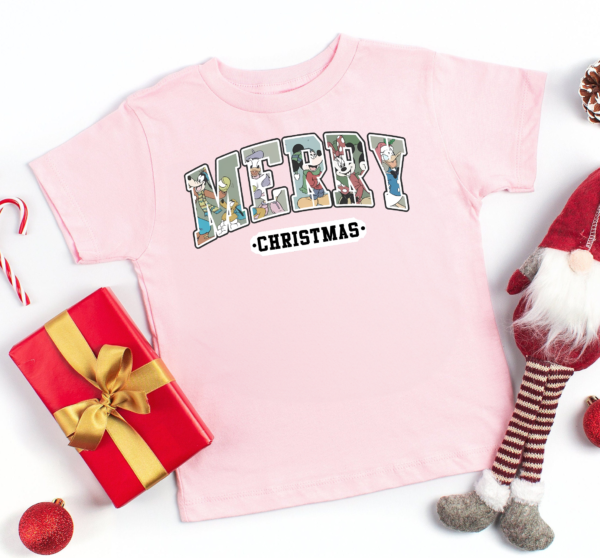 Close-up of Disney Merry Christmas Sweatshirt with Mickey and Friends holiday design