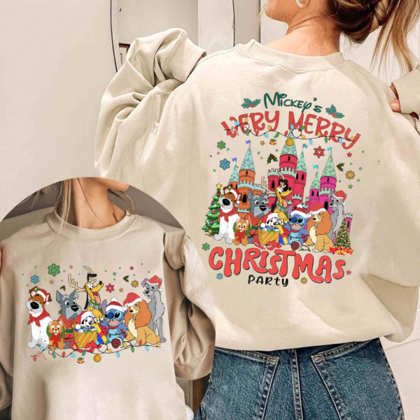 Front view of 2-Sided Mickey’s Very Merry Christmas Party 2024 Shirt with Santa Mickey and Friends