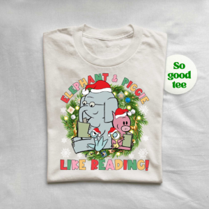 Funny Elephant, Piggie, and Pigeon friends Christmas shirt for book lovers