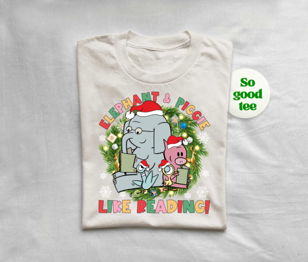 Funny Elephant, Piggie, and Pigeon friends Christmas shirt for book lovers