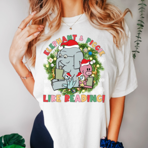 Funny Elephant, Piggie, and Pigeon friends Christmas shirt for book lovers