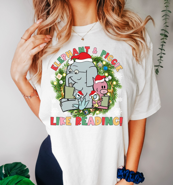 Funny Elephant, Piggie, and Pigeon friends Christmas shirt for book lovers