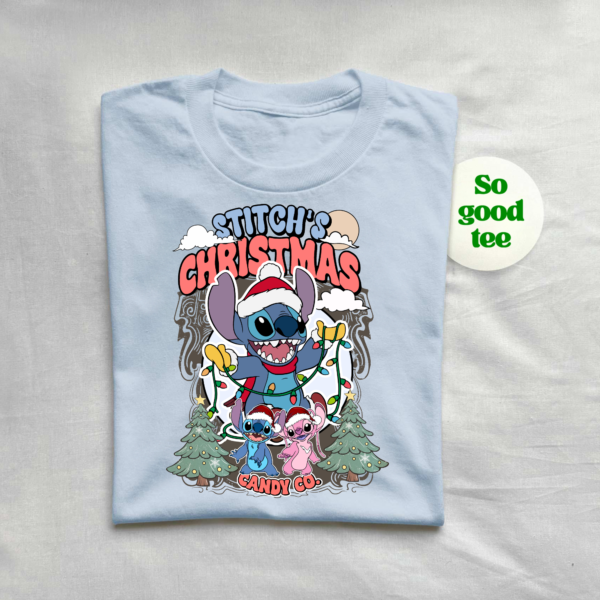 Cute Stitch Christmas shirt with Disney character Stitch, Angel, and Christmas trees