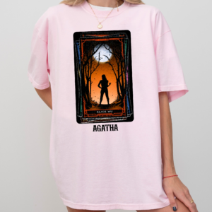 Close-up of Agatha Harkness All Along Shirt with tarot card style graphic