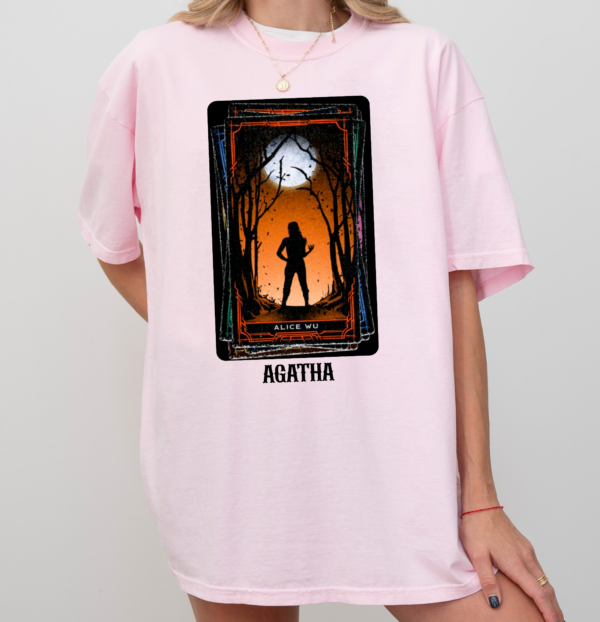 Close-up of Agatha Harkness All Along Shirt with tarot card style graphic