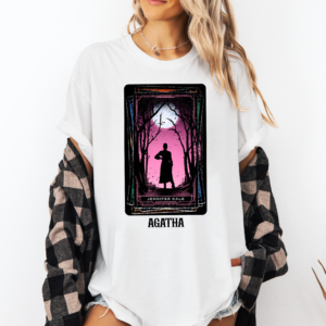 Close-up of Agatha Harkness All Along Shirt with tarot card style graphic