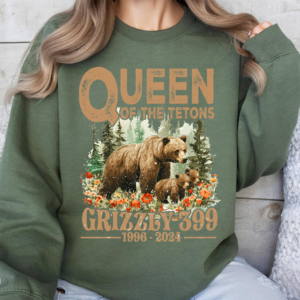 Queen of the Tetons Grizzly 399 shirt with floral and forest elements