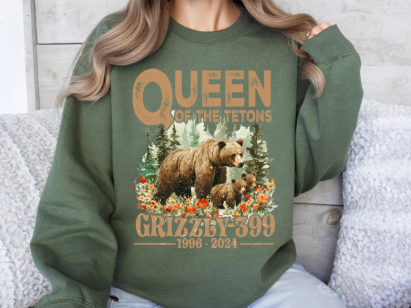 Queen of the Tetons Grizzly 399 shirt with floral and forest elements