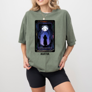 Close-up of Agatha Harkness All Along Shirt with tarot card style graphic