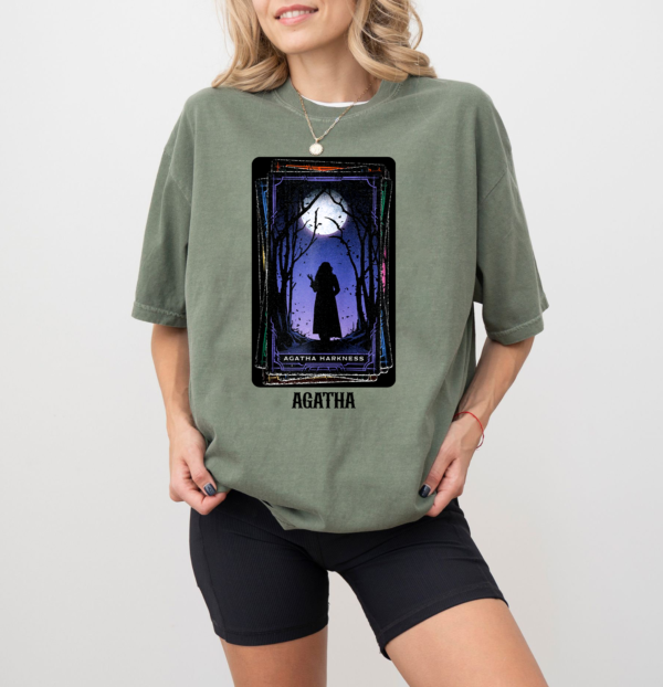 Close-up of Agatha Harkness All Along Shirt with tarot card style graphic