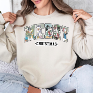 Close-up of Disney Merry Christmas Sweatshirt with Mickey and Friends holiday design