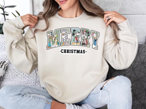 Close-up of Disney Merry Christmas Sweatshirt with Mickey and Friends holiday design