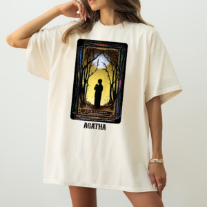 Close-up of Agatha Harkness All Along Shirt with tarot card style graphic