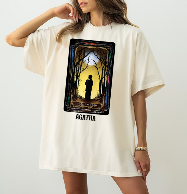 Close-up of Agatha Harkness All Along Shirt with tarot card style graphic