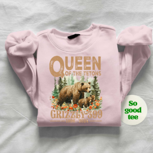 Queen of the Tetons Grizzly 399 shirt with floral and forest elements