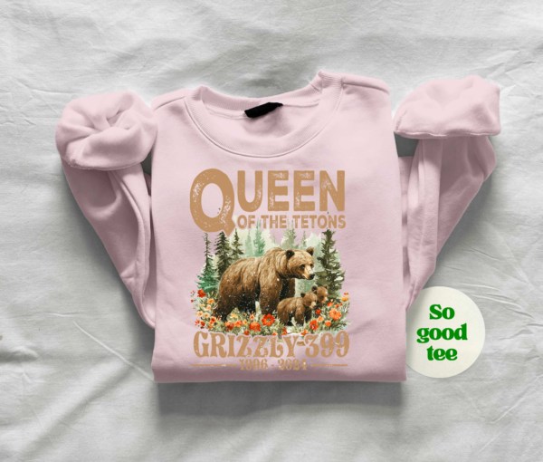 Queen of the Tetons Grizzly 399 shirt with floral and forest elements