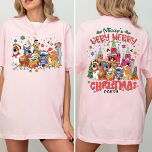 Mickey and Friends Christmas Lights Disneyland Shirt folded with holiday decor