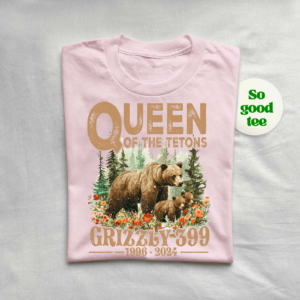 Queen of the Tetons Grizzly 399 shirt with floral and forest elements