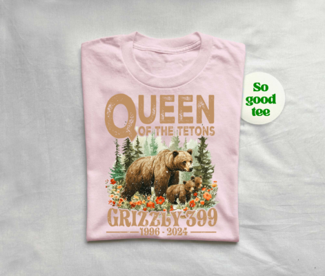 Queen of the Tetons Grizzly 399 shirt with floral and forest elements