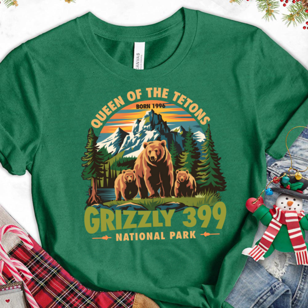 Queen of the Tetons Grizzly 399 Shirt with bear graphic and National Park tribute