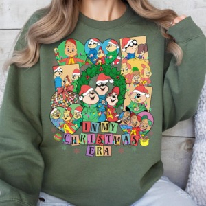 Close-up of The Chipmunks Christmas Era Sweatshirt with cute holiday characters